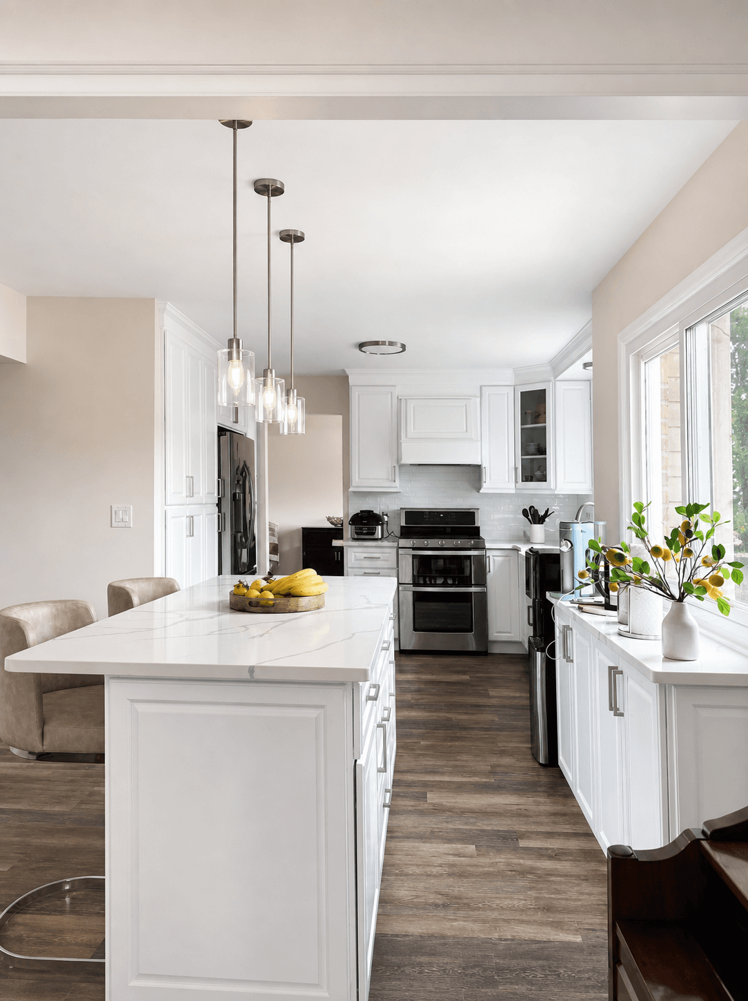 Completed DHR white kitchen with an island