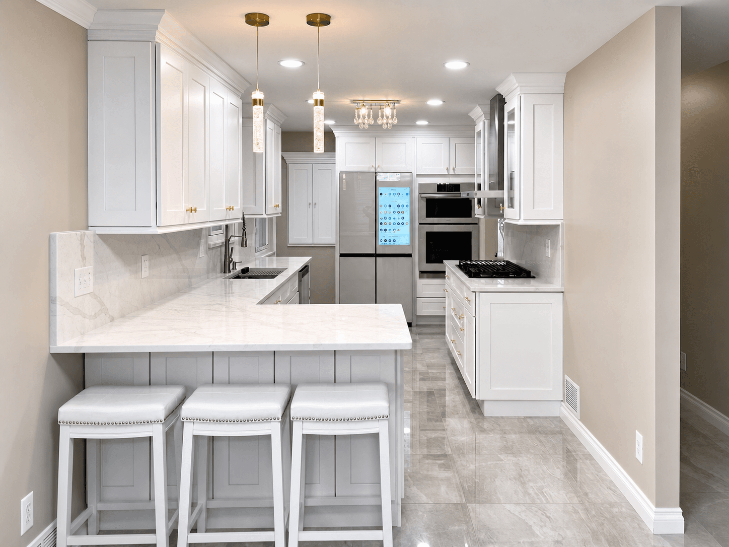 DHR white kitchen with paneled peninsula and integrated cabinetry